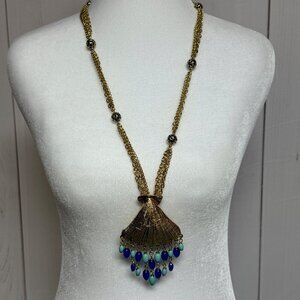 Lilly Pulitzer Bombshell Shell Necklace Gold Blue Green Beaded Pendant EUC